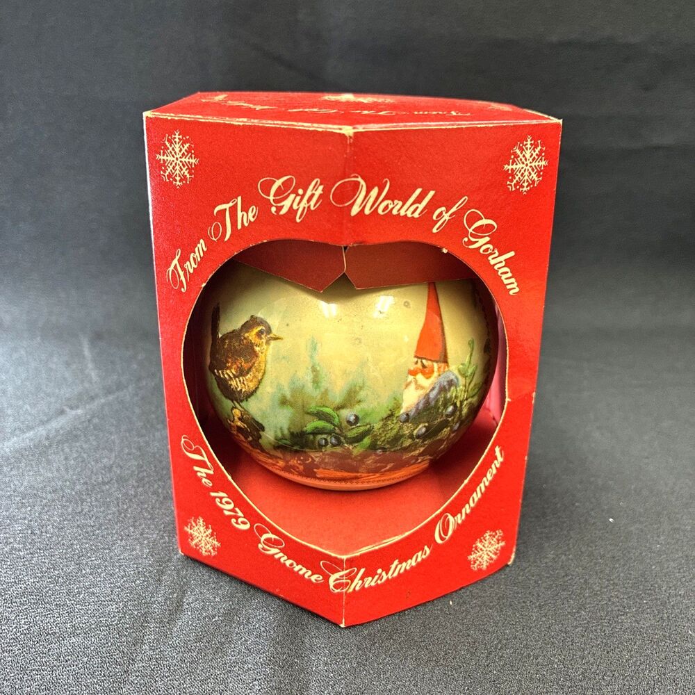 Vtg 1979 Gorham Glass Ball Ornament Woodland Gnome with Pheasant Christmas Boxed